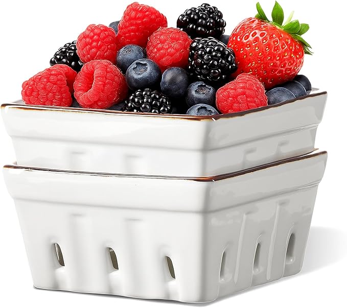 ONEMORE Ceramic Berry Basket Square Fruit Bowls with Holes Berry Bowl Colander Fruit Basket for Kitchen Décor - 5.8" Berry Containers for Fridge, Set of 2, Cream White