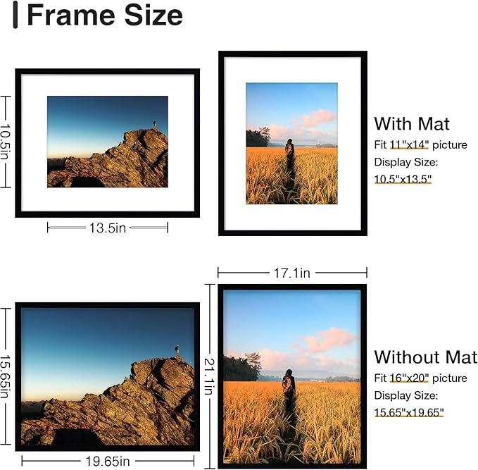 Vittanly 16x20 Picture Frame with Plexiglass - Large Black Poster Frame for Wall Display - Includes 11x14 Mat, Made of Durable PVC Design - 3 Pack