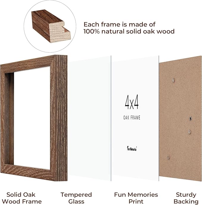 Fun Memories 4x4 Picture Frame, Solid White Oak Wood Frame 4 by 4, 4 x 4 Square Photo Frame with Tempered Real Glass, Rustic Wooden Frame 4"" x4 for Wall & Tabletop Display, Walnut Color, Set of 4