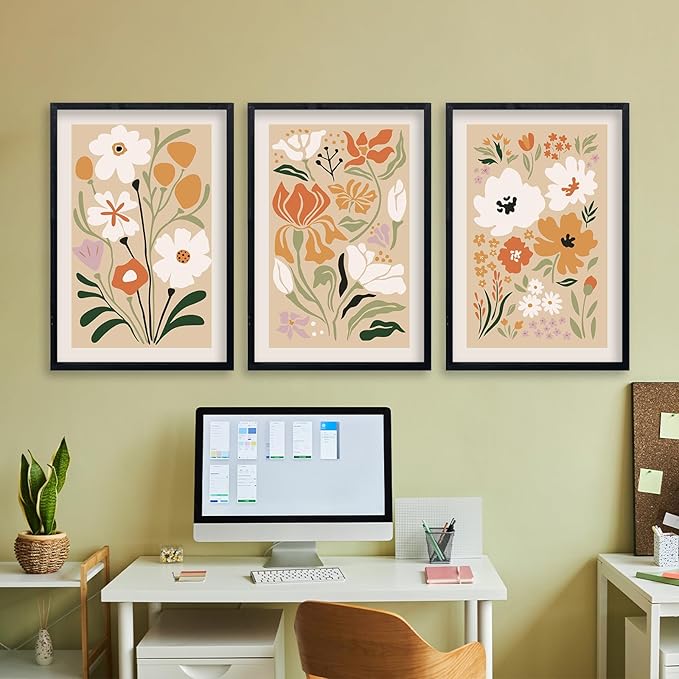 Boho Flowers Wall Art Sign Set of 3 16"x11" Mid Century Modern Minimalist Wooden Framed Abstract Flower for Vintage Living Room Bedroom Wall Hanging Decor (Black)