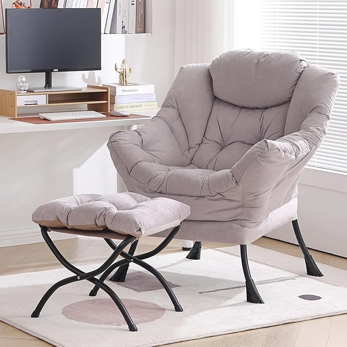 Lazy Chair with Ottoman, Modern Chair with Folding Footrest, Lounge Accent Chair, Comfortable Reading Chair, Oversized Armchairs for Bedroom, Study, Living Room, Courtyard (Light Grey)