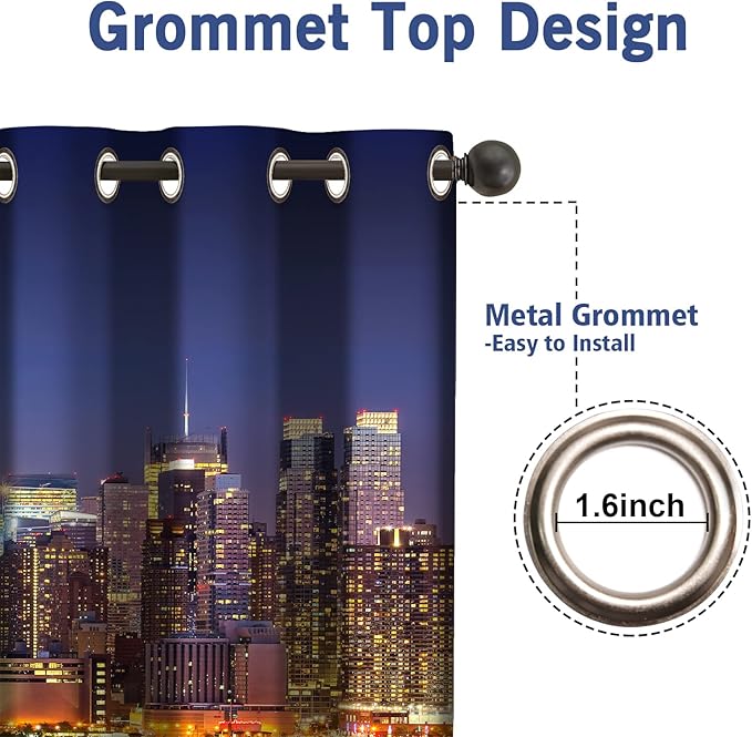Jekeno City Landscape Blackout Curtains New York Manhattan Midnight Cityscape Ocean Reflection by The Coast Scenery Urban Decor for Bedroom Living Room Grommet Window Drapes 2 Panel Set, 52"x63"