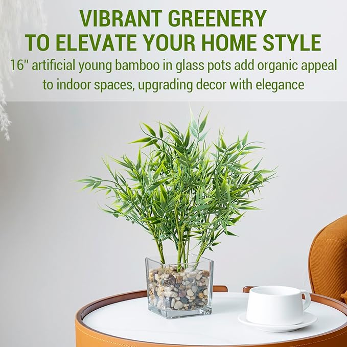 MyGift 16 Inch Tall Tabletop Artificial Bamboo Leaves Plant Potted in Clear Glass Square Pots, Indoor Faux Greenery Table Centerpiece Home Office Decor, Set of 2