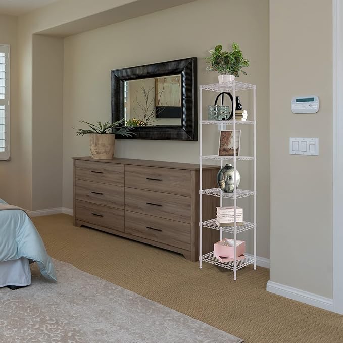 GIOTORENT 6-Tier Storage Shelves Standing Shelving Metal Units, Adjustable Height Wire Shelf Display Rack for Pantry Laundry Bathroom Kitchen 16.6” x 11.8” x 63”, White