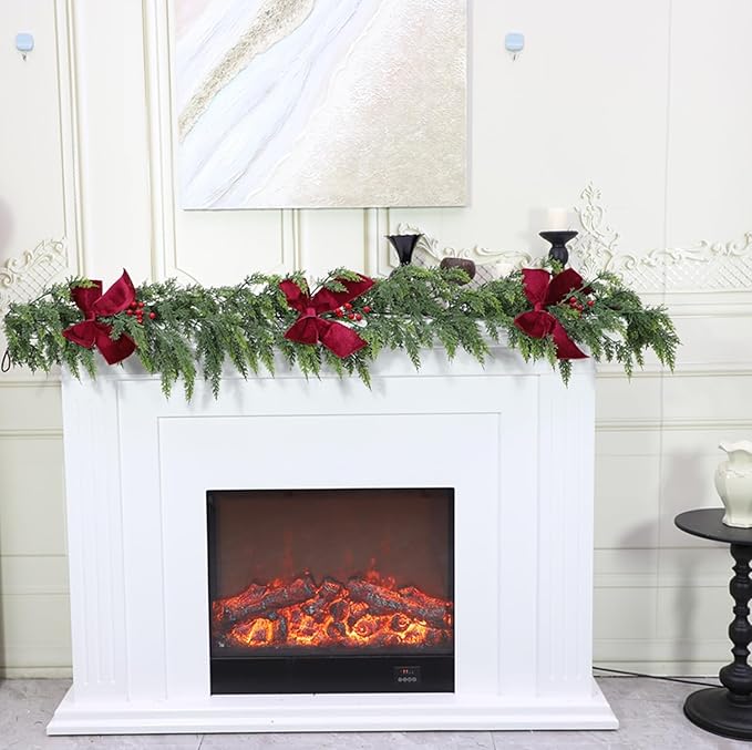 6ft Christmas Garland with Lights,Lighted Cedar Garland for Mantle,Prelit Real Touch Artificial Green Christmas Winter Garland with Large Burgundy Velvet Bow for Indoor Outdoor Decor