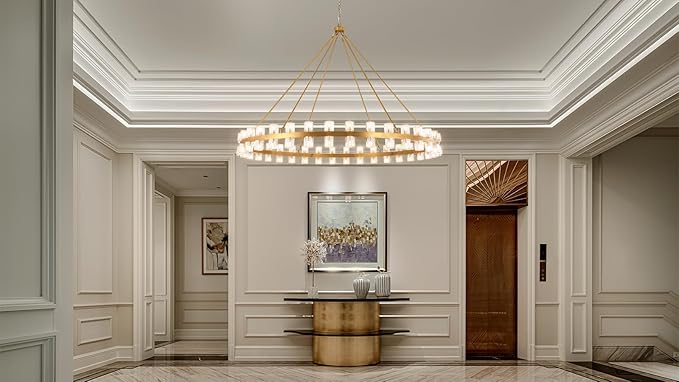 70 Inch Gold Wagon Wheel Chandelier with Crystal Shade, 72 Lights, Modern Farmhouse Style, Ideal for Dining Room, Kitchen, Entryways