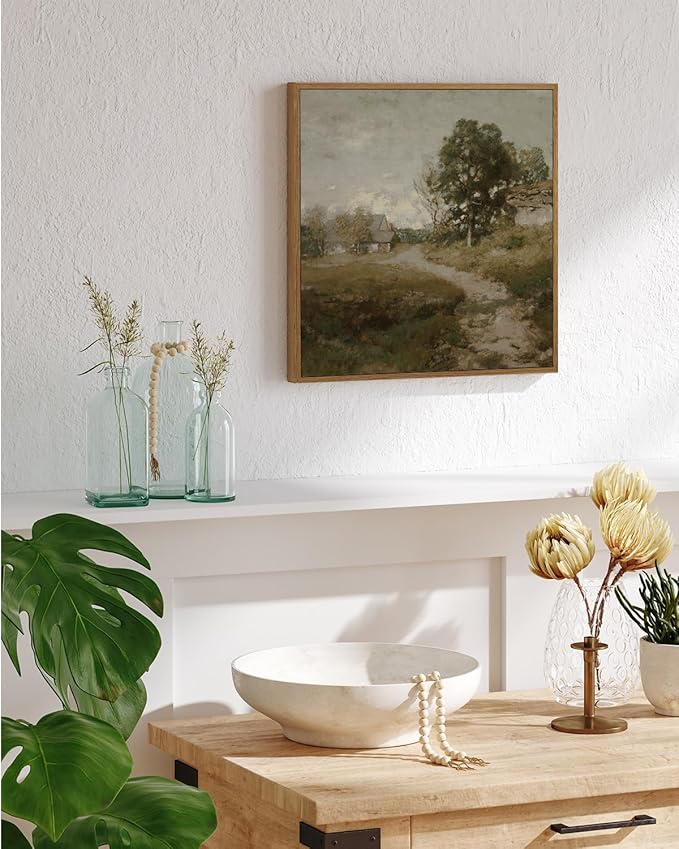 InSimSea Square Framed Canvas Wall Art, Landscape Decor Classical Rural Farmhouse Room Decor, Vintage Nature Oil Painting Wall Art Prints Decor for Bathroom, Bedroom, Living Room 12"x12"