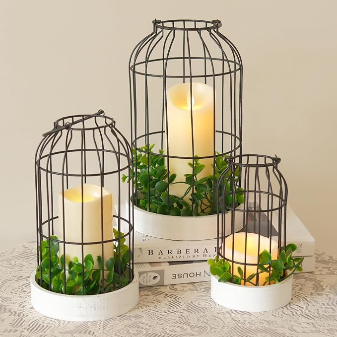 DECORKEY Rustic Farmhouse Lantern Decor Set of 3 Lanterns Decorative Indoor and Outdoor, Fireplace Mantle or Kitchen Dining Table - Modern Upscale Beauty for Home