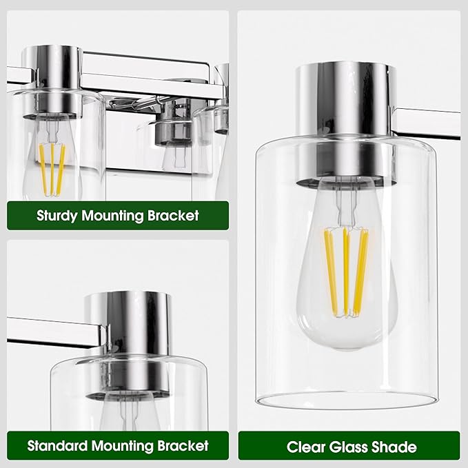 4-Light Modern Vanity Light Fixtures Over Mirror, Chrome Bathroom Light Fixtures, Vanity Lights, Wall Sconce with Clear Glass Shade for Bathroom, E26 Base