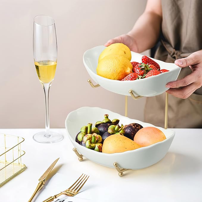 2 Tier Ceramic Fruit Bowl for Kitchen Counter, Tiered Fruit Basket for Countertop, Modern Multi Layer Fruit Display Stand for Party, Cute & Small (Gold&White)