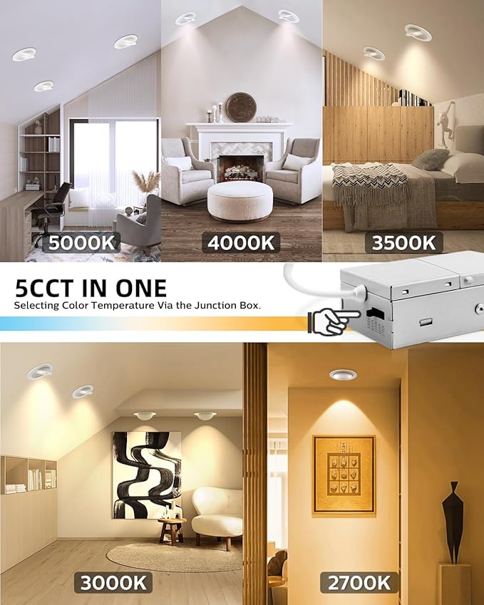 Adetu 4 inch Gimbal Led Recessed Lights, 360°+90° Adjustable Directional Recessed Lighting, 2700K/3000K/3500K/4000K/5000K Dimmable Retrofit Eyeball Can Lights with Jbox,ETL(White,12 Pack)