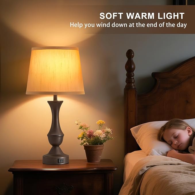 Luvkczc 22" Table Lamp Set of 2 - Farmhouse Vintage Brown Bedside Lamp with Brown Fabric Shade, 3-Way Dimmable, USB C+A Ports, Nightstand Lamp for Living Room Bedroom (Bulb Included)