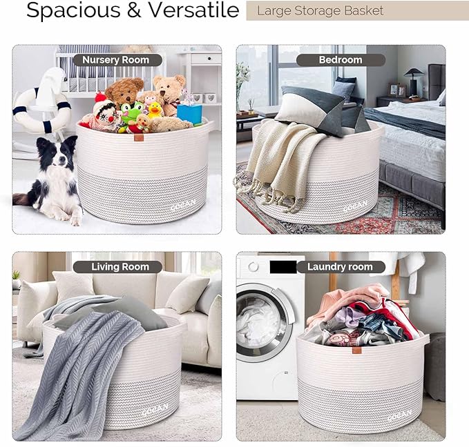 Extra Large Laundry Basket 22" X 22"X 14" XXXL Cotton Rope Woven Basket for Blankets Storage Basket with Handles for Living Room (Beige)