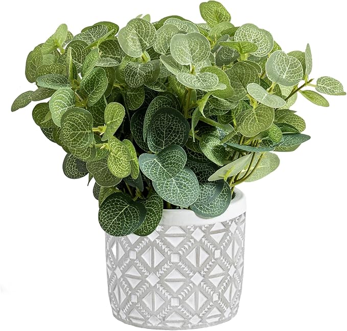 MyGift Artificial Eucalyptus Round Leaf Plant, Faux Bushy Green Leaves Potted in Gray Concrete Pot with Geometric Embossed Pattern, Indoor Home Table Decor