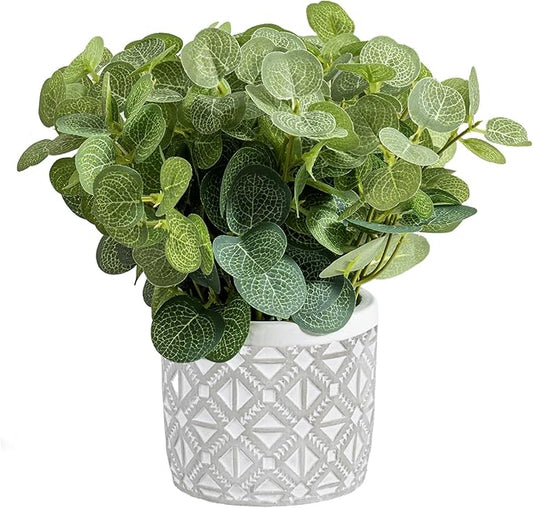 MyGift Artificial Eucalyptus Round Leaf Plant, Faux Bushy Green Leaves Potted in Gray Concrete Pot with Geometric Embossed Pattern, Indoor Home Table Decor