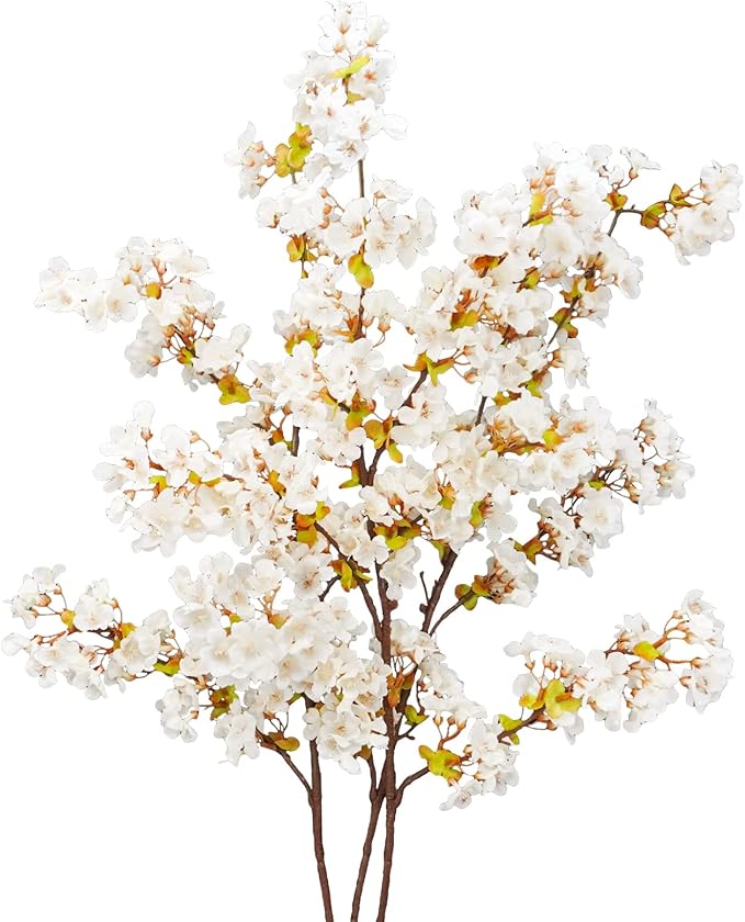 Uieke Silk White Cherry Blossom Branches, 39.3in Artificial Cherry Blossom Stems, Fake Plum Blossom Flowers Arrangement for Wedding Home Decor, Set of 8