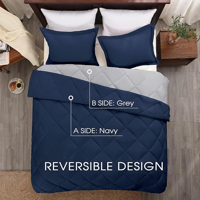 Basic Beyond Full Size Comforter Set - Navy and Grey Comforter Set Full, Reversible Comforter Full Size Set, 1 Comforter (82"x92") and 2 Pillow Shams (20"x26"+2")
