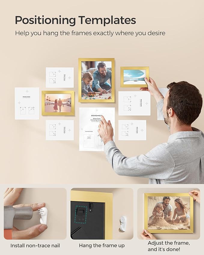 SONGMICS Picture Frames, Collage Picture Frames Set of 10, Two 8x10, Four 5x7, Four 4x6, Photo Frame for Wall Gallery Decor, Table Display, Glass, Pale Gold URPF010A01