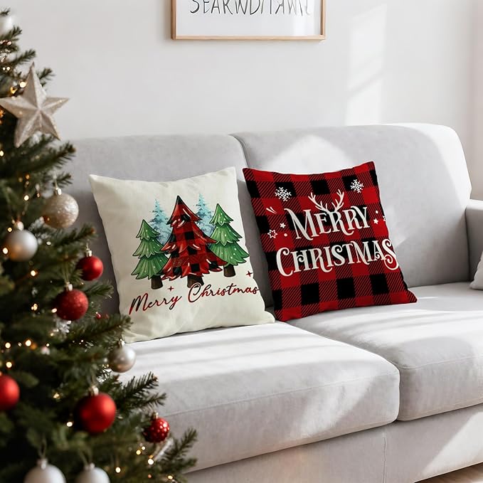 Christmas Pillow Covers 18x18 inch Set of 4, Holiday Winter Outdoor Red Plaid Vintage Tree Snowflake Xmas White Farmhouse Burgundy Seasonal Burlap Decorations for Sofa Couch