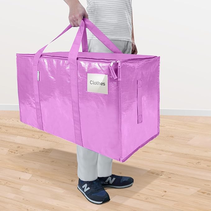 TICONN 6 Pack Extra Large Moving Bags with Zippers & Carrying Handles, Heavy-Duty Storage Tote Moving Boxes for Space Saving (6 Pack, Pink)