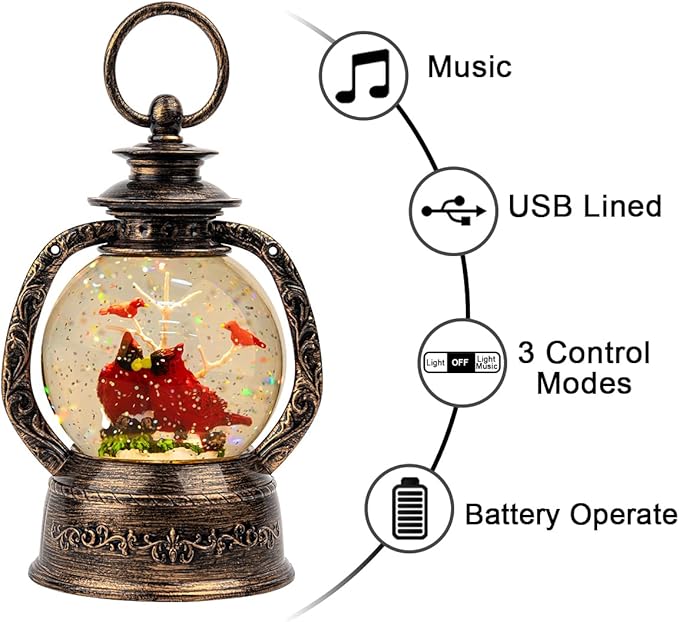 Christmas Snow Globe Lantern Water Glittering Cardinal with Music, USB Lined/Battery Operated Lighted Lantern for Christmas Festival Decoration Gifts
