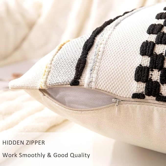 Boho Throw Pillow Covers 18x18 Set of 2 Farmhouse Decorative Cushion Case Striped Square Pillows Cover Chenille Pillow Cases Accent Neutral Pillowcase for Sofa Couch Bed,Black