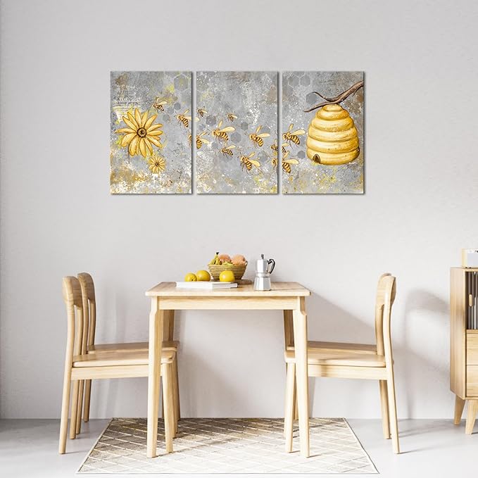FuShvre Yellow and Grey Canvas Wall Art Honey Bee with Daisy Painting Prints Insect Pictures for Farmhouse Kitchen Decor Framed Ready to Hang 16"x24" Each (Medium, Grey)
