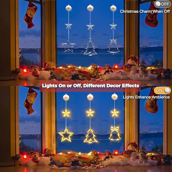 suddus Christmas Window Lights Decorations, 3Pcs Tree-Jingle Bell-Star Shaped Xmas Lights Battery Powered with Suction Cups & Timer, Hanging String Lights Indoor for Tree, Fireplace, Warm White