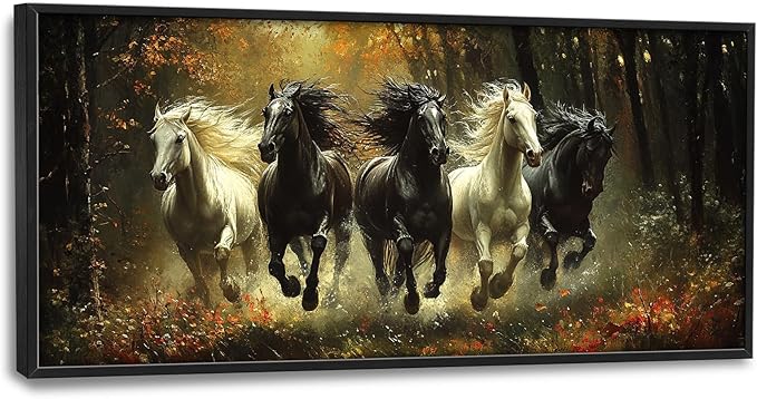 Olivine Horse Wall Art, Running Horses Pictures Wall Decor, Black And White Horse Paintings, Forest Landscape Canvas Prints, Framed Artwork for Bathroom Bedroom Living Room Office Home 60"x30"