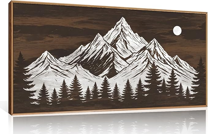 KAIRNE Wooden Mountain Tree Framed Canvas Wall Art Set, Country Wood Forest Wall Decor, Woodcut Pine Tree Wall Painting, Nature Farmhouse Zen Art Prints for Living Room, Bedroom, Office - 20"x40"x3