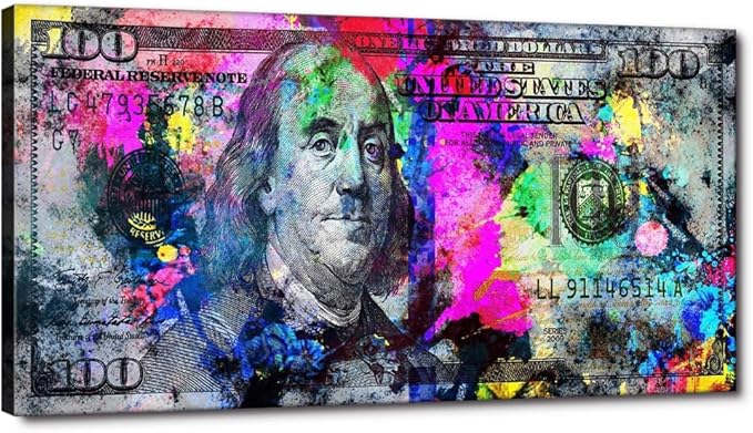 Motivational Canvas Office Art Print Large Size Wooden Framed 100 Bill Cash Benjamin Franklin Dollar Print HD Print Colorful Money Pop Artwork for Bathroom Kitchen Decor Ready to Hang-48 Wx24 H