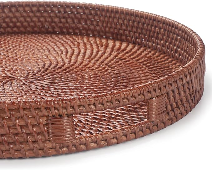 11.8 inch Round Rattan Tray, Decorative Coffee Table Tray, Ottoman Trays, Woven Serving Trays with Handles Wicker Serving Basket, Reddish-Brown
