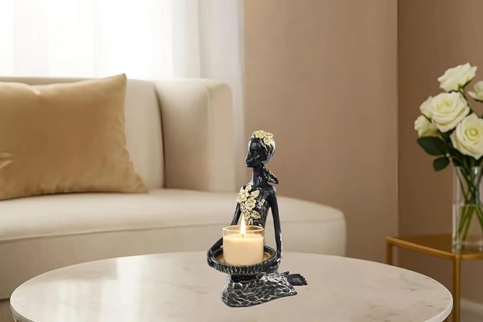 African Lady Figurine Candle Holder with African Tribal Totem for Wedding,Church,Holiday Decor-African Decorative Women Statues, Candlestick Holder for Home and Table Decor(406-Black)