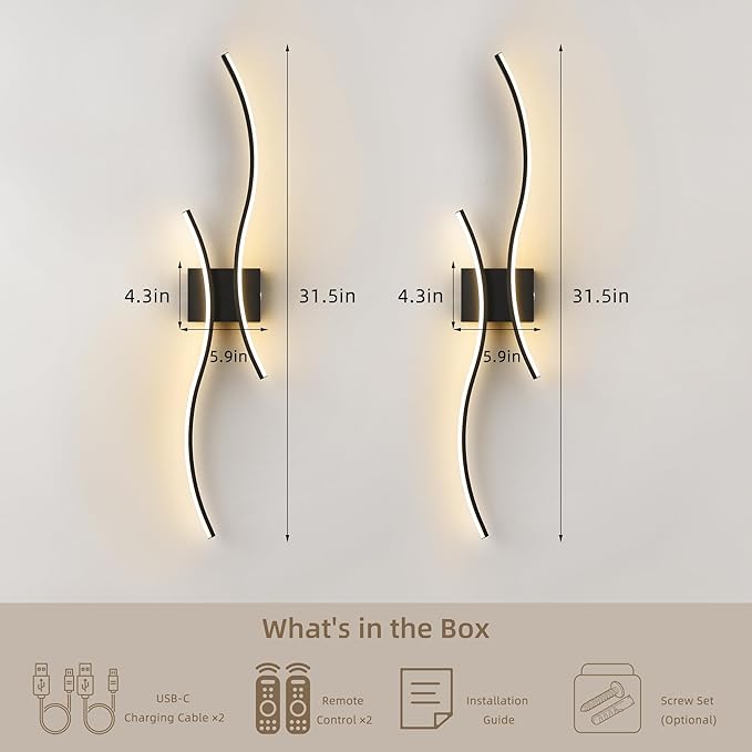 Battery Operated Wall Sconce Set of 2, Dimmable Modern LED Rechargeable Wall Light with Remote Control, Wall Decor for Living Room, Hallway, Quick Install, No Electrician Required