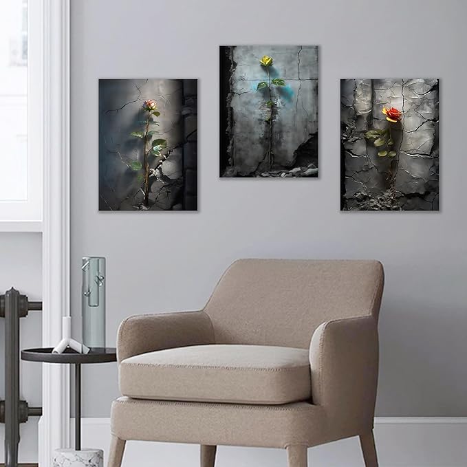 Retro Floral Canvas Wall Art Home Decor Roses in The Cracked Wall 3 Pieces Posters Print Vintage Theme Painting Artwork for Bedroom Bathroom Pictures Decoration Ready to Hang [36''W x 16''H]