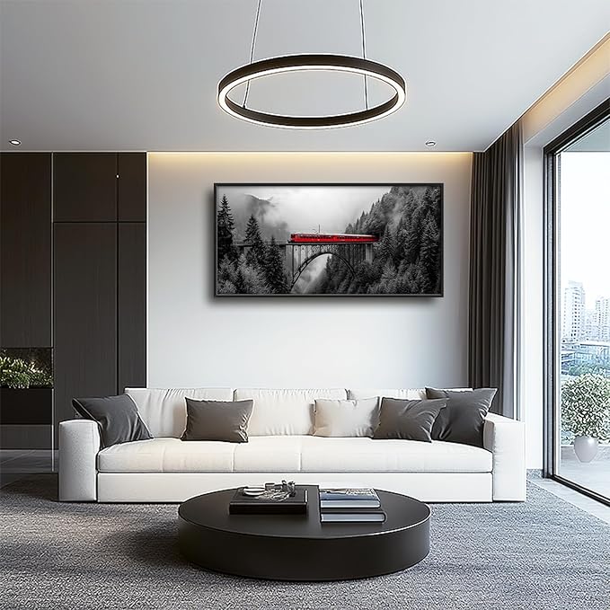 Olivine Train Large Wall Art, Black and White Pictures Wall Decor, Train Painting, Landscape Canvas Prints, Framed Artwork for Men Dining Room Living Room Bedroom Bathroom Home Decoration 60"x30"