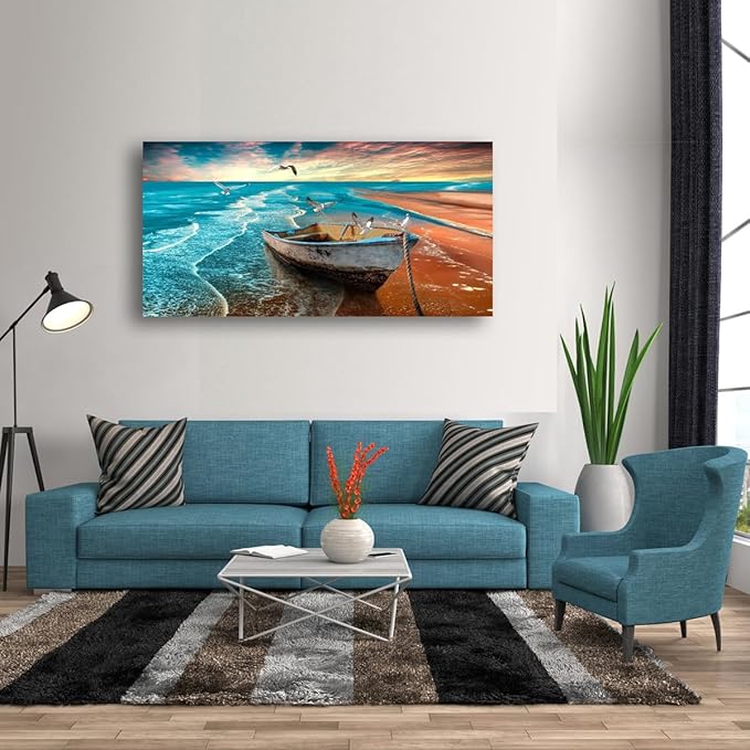 Beach Sunset Pictures Canvas Wall Art For Living Room Bedroom Wall Decor,Seascape Wall Art Print Paitnings For Home Decor,Morden Artwork Boat Canvas Art Waterproof Ready To Hang-24x48 Inches