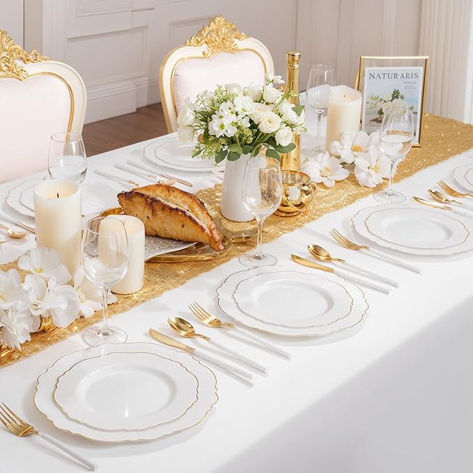 WDF 30Guest Gold Plastic Plates - High-end Baroque Design - 10.25&7.5in Wedding White and Gold Plates Disposable for Thanksgiving Parties/Wedding