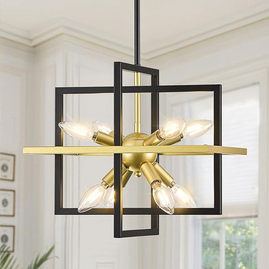 Small Modern Lantern Chandeliers, Geometric Black Gold Pendant Light Fixture, 8-Light Industrial Hanging Chandelier for Dining Room, Kitchen, Bedroom, Foyer, Entryway-UL Listed