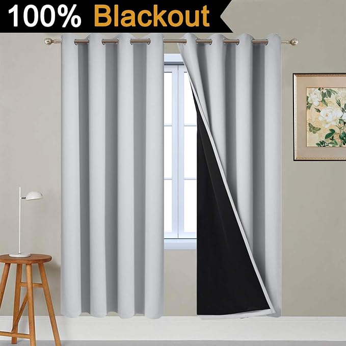 Yakamok Full Blackout Curtains 72 Inches Long,Blackout Curtain Panels for Bedroom, 2 Thick Layers Grommet Top Thermal Insulated Drapes with Black Liner for Living Room(Light Grey, Set of 2)
