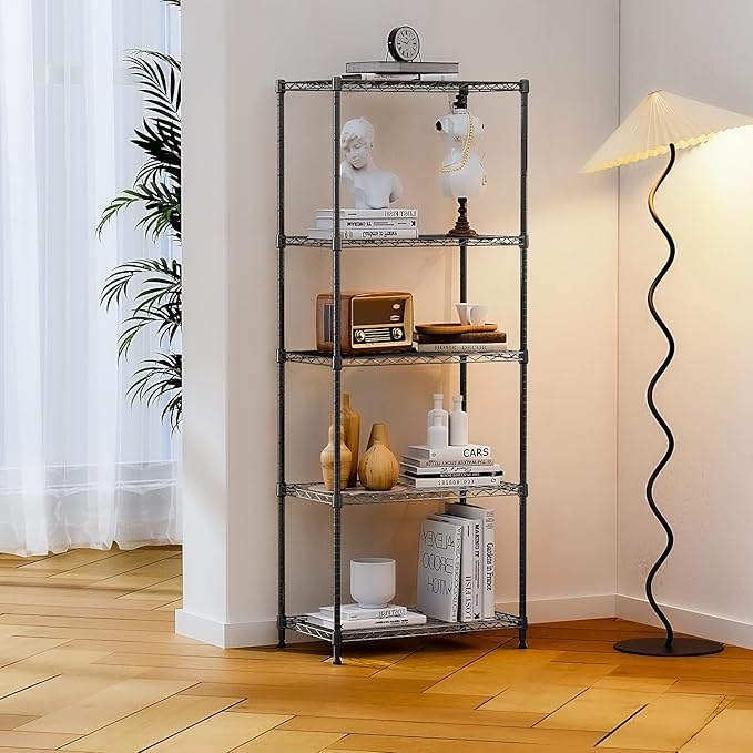 IZEUK 5-Tier Black Metal Storage Shelves, Adjustable Wire Shelving Unit for Kitchen, Bathroom, Pantry, Office, Garage, Organizer Wire Rack, 1250 lbs, 13.7" D x 23.6" W x 53.4" H