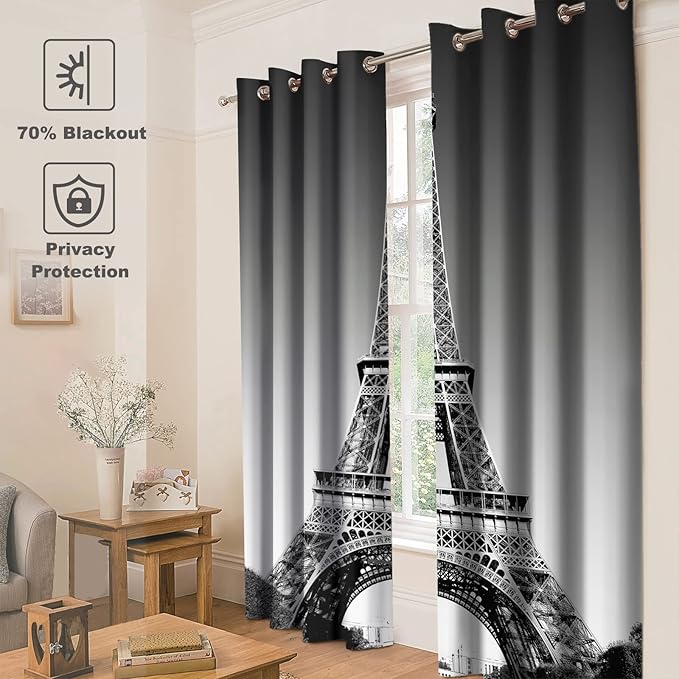 Jekeno Paris Eiffel Tower Blackout Curtains Paris Landmark Picture of Famous Place Cityscape Scene Decor for Bedroom Living Room Grommet Window Drapes 2 Panel Set, 52"x63"