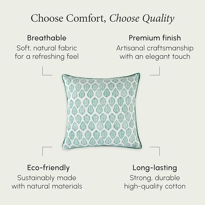 CPC 100% Cotton Throw Pillow Covers 18x18 Inch, Set of 2 Green Block Print Pattern Couch Pillow, Cute Boho Decorative Pillows for Living Room, Bedroom with Hidden Zipper- Sea Green