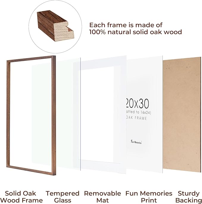 20x30 Picture Frame, Rustic Wood 20 x 30 Poster Frames for Wall, Oak Wood Picture Frames 20 by 30 with Real Glass, 20x30 Frame Matted for 16x24, Large Wooden Photo Frame 20x30 Inch, Walnut Color, 1 Pack