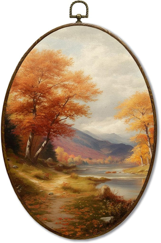 JQF Vintage Fall Oval Wall Art, Rustic Autumn Mountain Landscape Forest Oval Canvas Wall Art, Retro Moody Fall Framed Prints Hanging Decor for Home Bedroom Living Room, 8.5x11.5 Inch