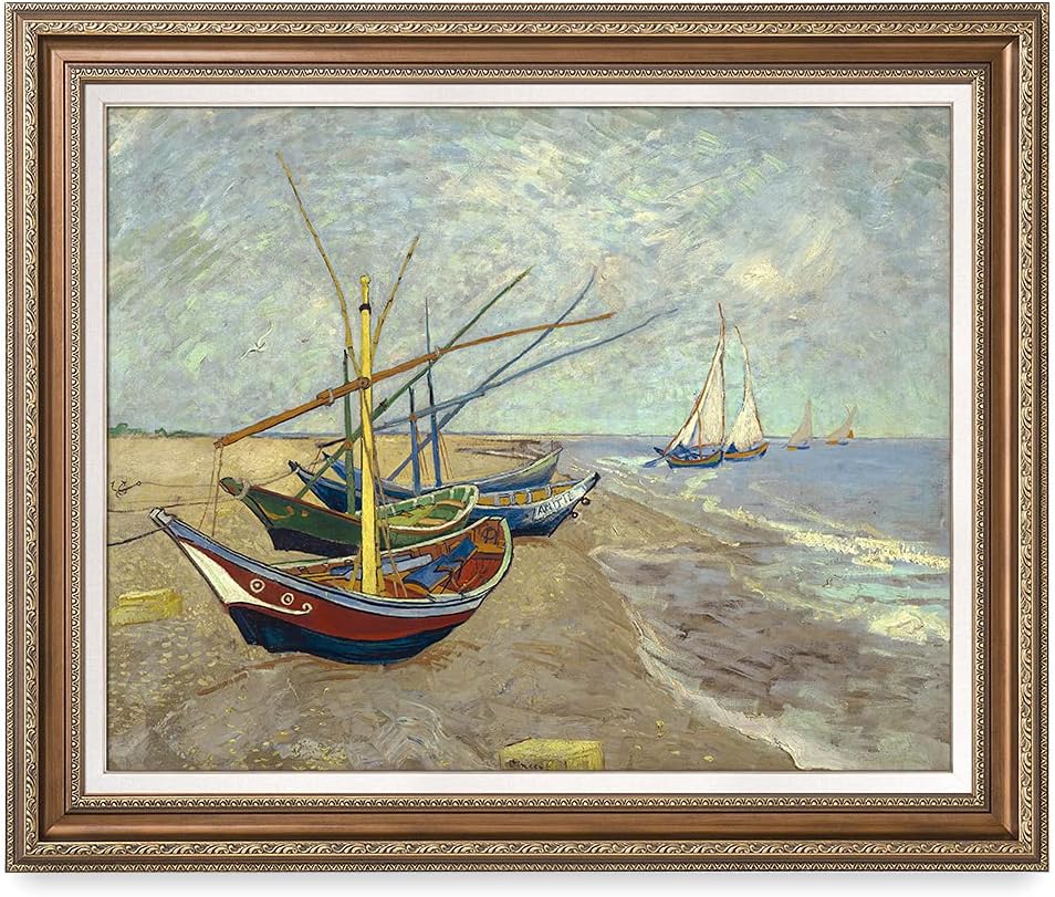 DECORARTS - Boats At Saintes Maire, Vincent Van Gogh Art Reproduction. Giclee Print w/Bronze Frame&Mat for Wall Decor. 30x24,