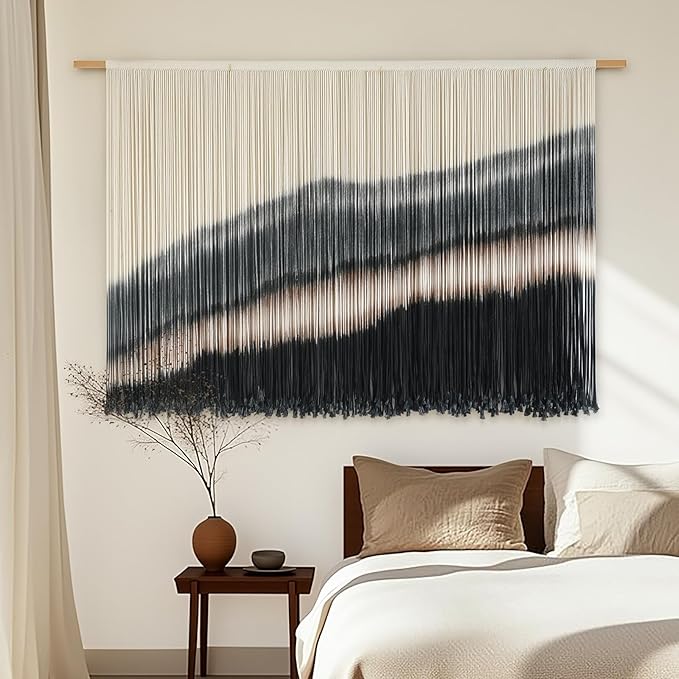Jakalin Large Macrame Wall Hanging Dip Dyed Boho Wall Decor For Living Room Bedroom Entryway 57" Wx35 L Modern Fiber Yarn Wall Art Handmade Black Home Decor