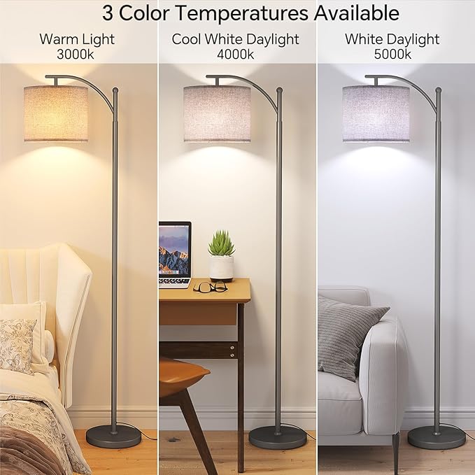 SUNMORY Arc Floor Lamp,Modern Floor Lamp with 9W 3 Color Temperatures Bulb,Metal Standing Lamps with Adjustable Hanging Lampshade,Tall Floor Lamps for Living Room,Bedroom,Office