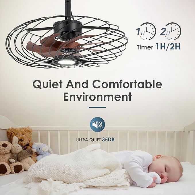 20" Outdoor Ceiling Fan with Light, Waterproof Gazebo Fan Remote Control, Dimmable LED Light, Hanging Black Caged Ceiling Fixtures with Plug in Cord for Patios Pergola