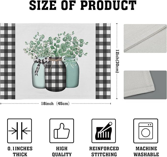 Spring Leaf Placemats 12×18 Inches Set of 4 Eucalyptus Leaf Black White Buffalo Check Seasonal Indoor Kitchen Dining Table Place Mats for Home Party Decoration